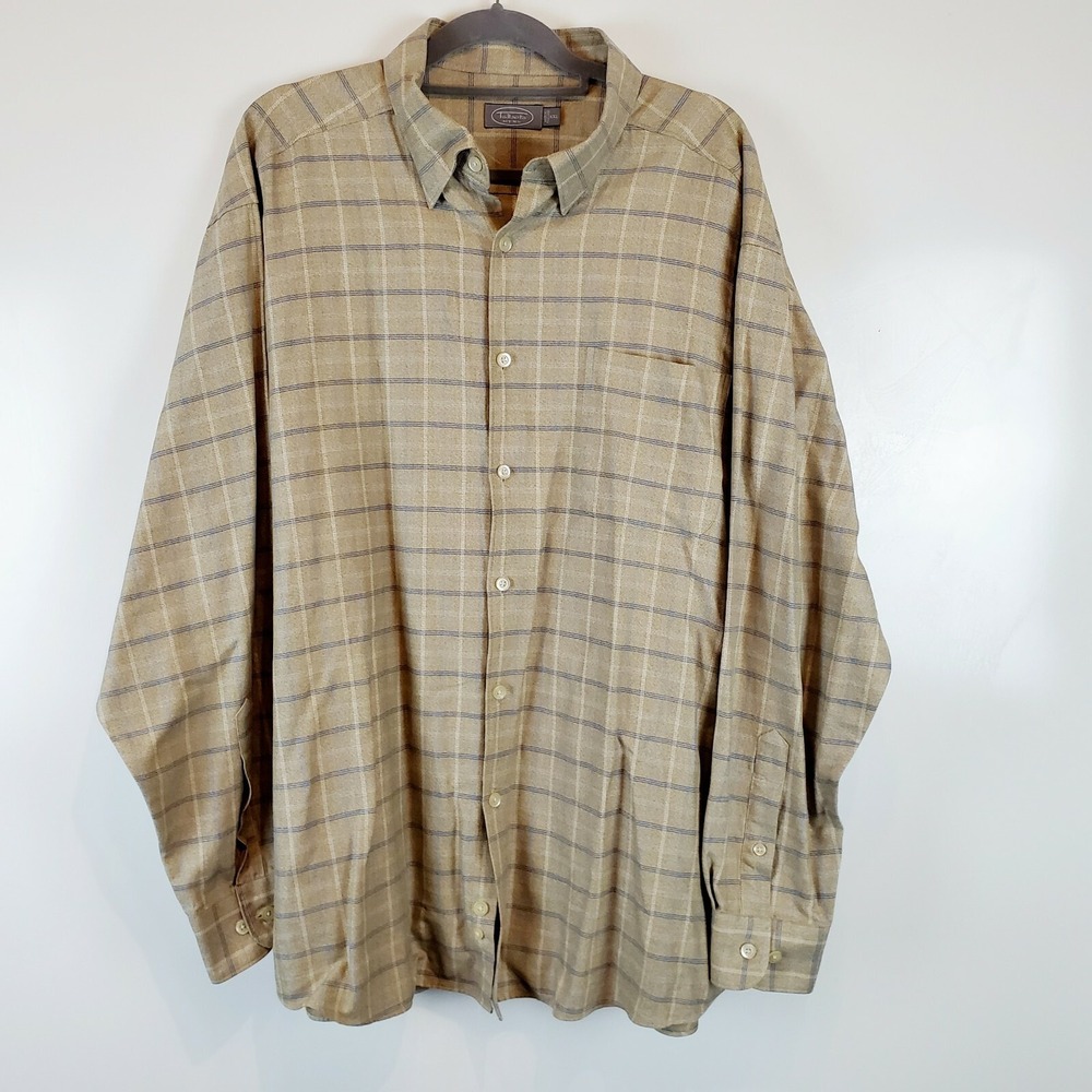 TALBOTS Men's Size XXL Tan Plaid Button Down Shirt Pocket Casual 100% Cotton 2XL